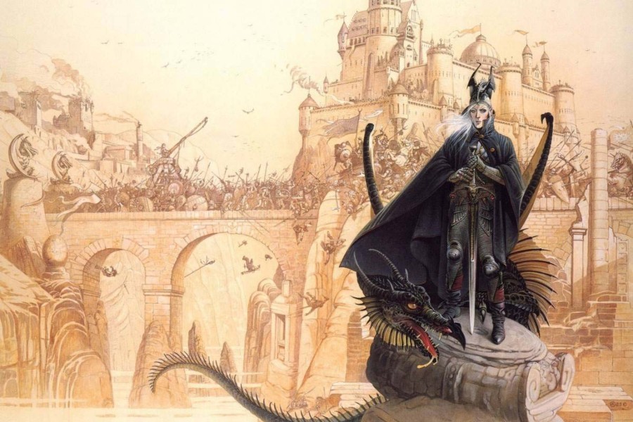 Elric and dragon before a siege