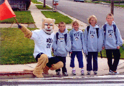 BYU Cougar, helping Nathan, Megan, Zandi & David cross the street