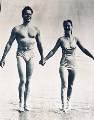Larry Parks & wife Betty Garrett at the beach