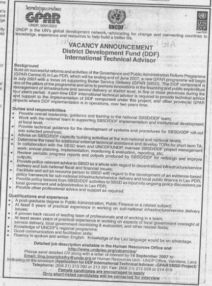 VACANCY ANNOUNCEMENT District Development Fund (DDF) International Technical Advisor, Governance and Public Administration Reform Programme (GPAR), United Nations Development Programme (UNDP)