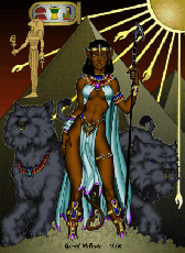 An interpretation of the Egyptian goddess Bast that I drew for a friend for her Birthday.&nbsp; The original is a pencil drawing which I scanned and colored on the comp.&nbsp; The Kitty cats' design is based on the artwork of a guy named Dark One, who is the creator of a book called Animal Mystic.