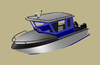 EXAMPLE DESIGN - 24 ft. twin outboard aluminum full cabin sport fishing boat. Extended version of the fast 22' hull. Lots of unobstructed floor space.