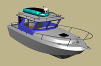 PRELIMINARY&nbsp; DESIGN - 28 ft.aluminum full cabin overnight sport fishing/cruising boat; V-berth, central under bridge cabin & yacht like finish make this boat a cruising/fishing yacht. 