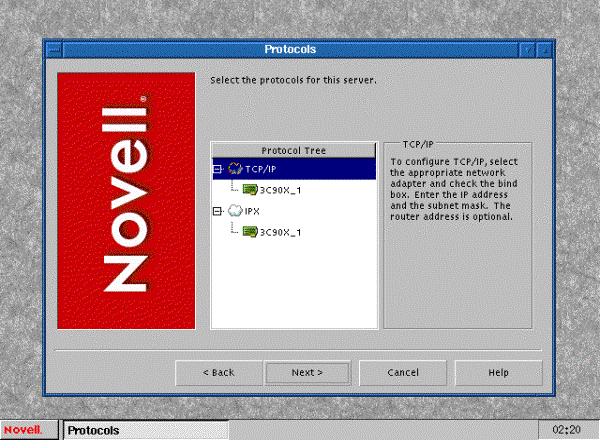 Selecci�n del protocolo en NetWare