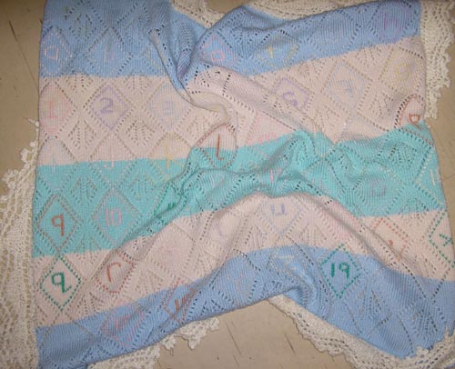 machine knitted background. Swiss darned letters and numbers. Handknitted edging.