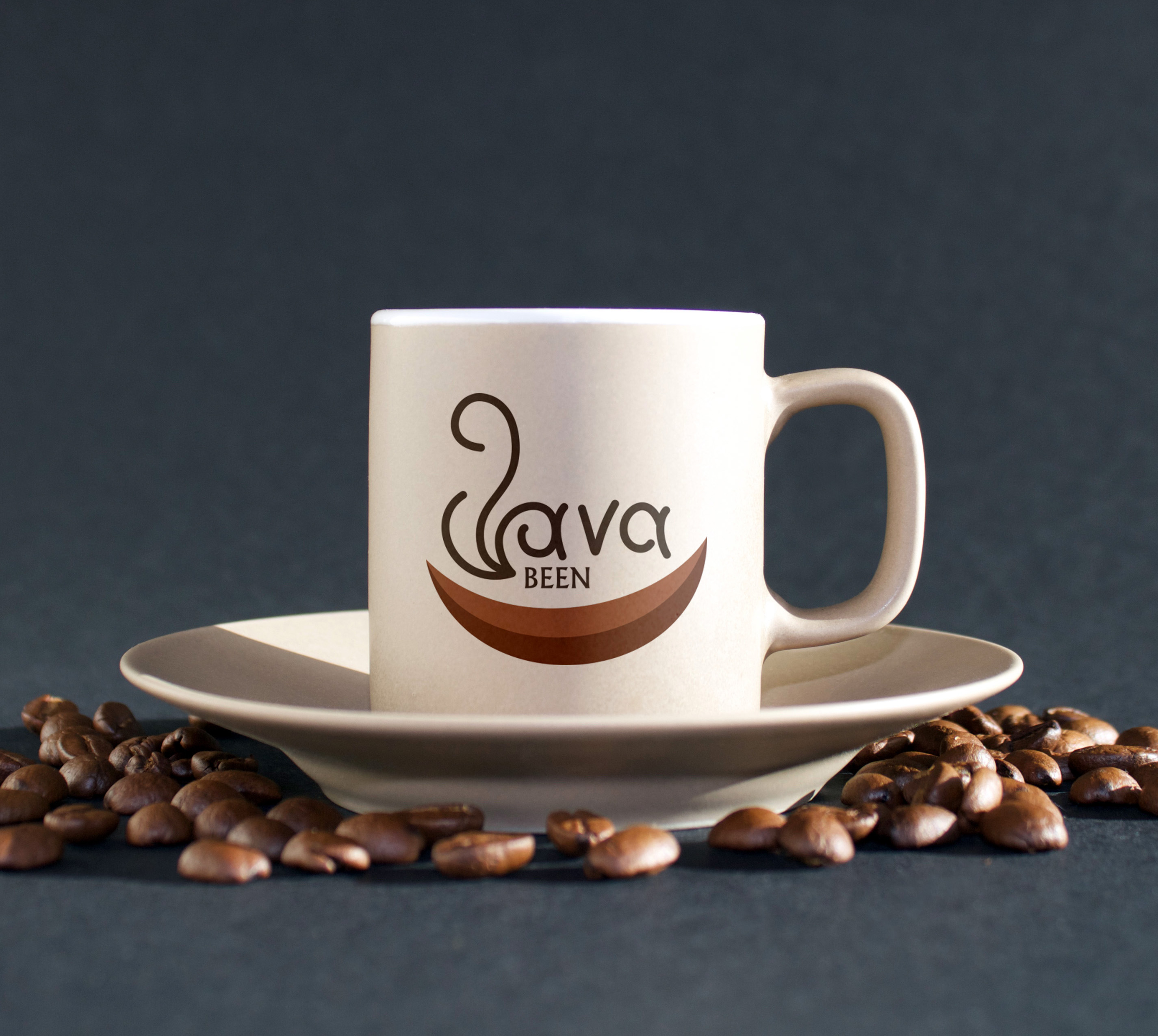 coffee cup on small plate with coffee beans around