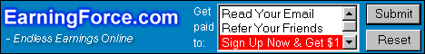 EarningForce:
Min Payout: $30
Paid Email, Shopping and Freebies
$0.02-$0.10 or 2-10 points per email
Referrals 3 levels deep
%0.01 or 1 point per email
or 5% of earnings in freebie program