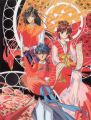 Miaka, Tamahome and Hotohori on a flaming background, with Suzaku. Er...pretty :)