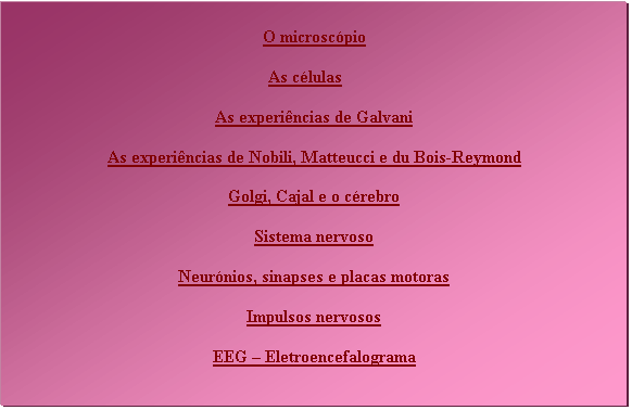 Caixa de texto: O microsc�pio

As c�lulas

As experi�ncias de Galvani

As experi�ncias de Nobili, Matteucci e du Bois-Reymond

Golgi, Cajal e o c�rebro

Sistema nervoso

Neur�nios, sinapses e placas motoras

Impulsos nervosos

EEG � Eletroencefalograma

