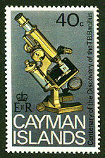 Cayman Islands stamp for the centenary of the discovery of the TB bacillus by Robert Koch ~ Old brass microscope