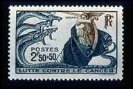 1941 France stamp features a goddess wielding a sword to slay a multi-headed snake, representing cancer.