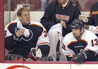 Burke on the Flyers bench, aquired from Phoniex for Comrie, Lapointe returned to NHL action for the first time since Dec. 1rst