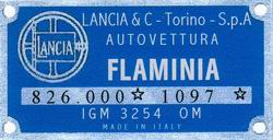 Lancia Flaminia chassis plate. Sedan 2800 starts with 826.000