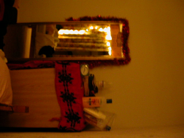 [My room with lights seen through my mirror]