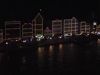 Buildings of Curacao all lit up.