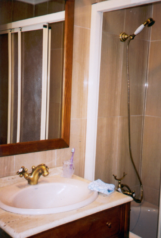 Bath with shower, sink, toilet and bidet.