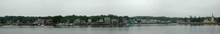 A panoramic shot of Mahone Bay from across the harbour
