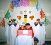 The flowers, skeletons and other artwork was contributed by Family Sunday participants.