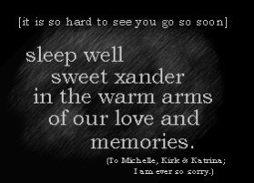 sleep well, sweet xander, in the arms of our love - to michelle, kirk and katrina - i am ever so sorry.