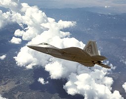 An F/A-22 Raptor performs a test mission over Edwards Air Force Base, Calif. Raptor 4007 and pilot Maj. Jim Dutton recently accomplished the aircraft�s first supersonic, guided missile launch. (Courtesy Photo)