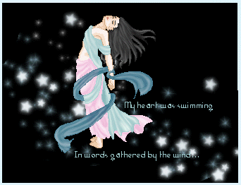 The words are from Nobuo Uematsu's 'Suteki Da Ne', which is a really, really pretty song. The reason it's framed is because the black makes the stars show up better, plus Photoshop 5 doesn't support the kind of transparency I needed. XP Oh well. I still like it.