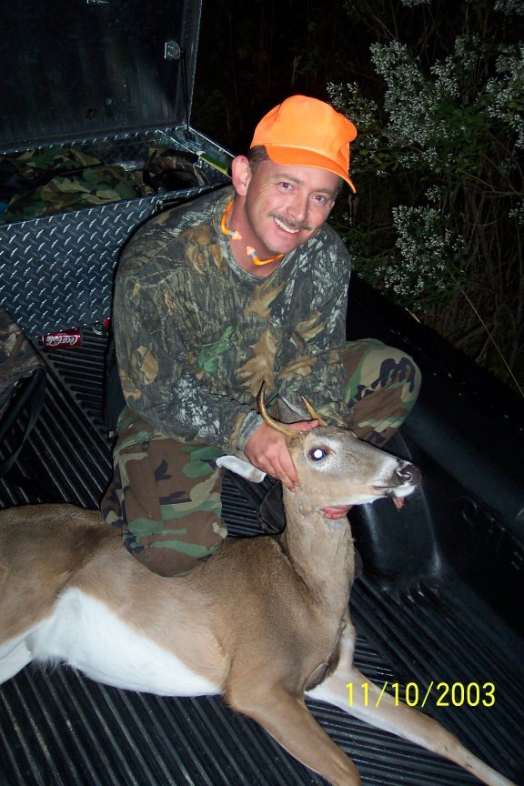 My 3 - Point Buck weighing in at 110 pounds !&nbsp; The smallest one we saw all day.