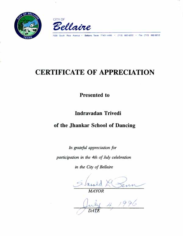 Certificate of Appreciation