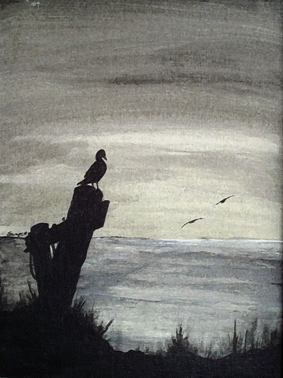 TERN ON PILING, Acrylic on canvas board. RF STEWART 1984