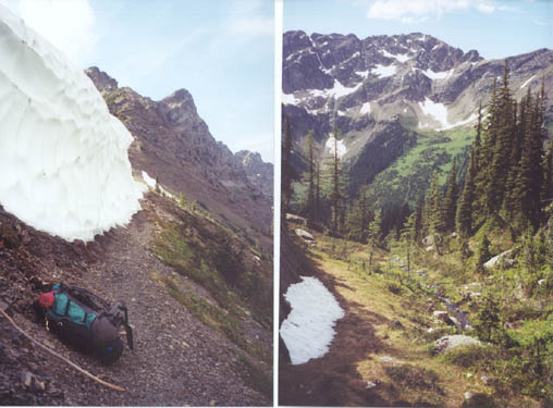 Walked edge around snow. Took my breath away - steep!. Right hand picture is creek from Goat Lake.