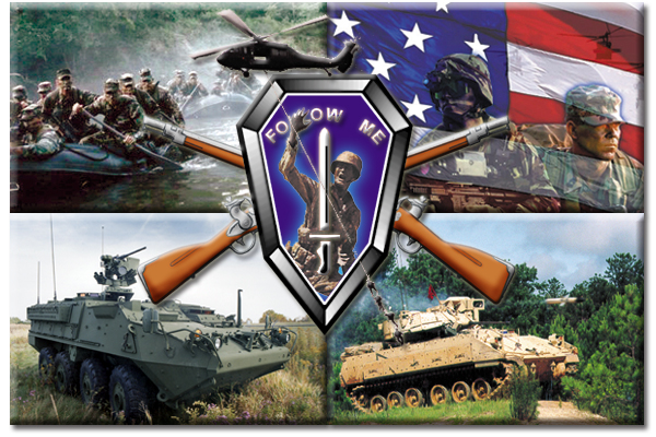Graphic collage:  rangers in raft, future soldiers in front of flag, Stryker Vehicle, TOW firing from BFV,  Black Hawk carrying soldiers suspended by rope, follow me crest, cross rifles.