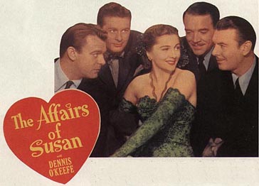 Don DeFore, Dennis O'Keefe, Joan Fontaine, Walter Abel and George Brent.  Image scanned from single magazine page, source unknown.