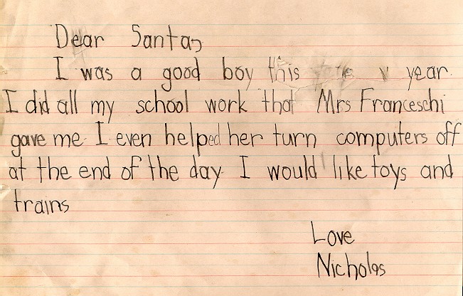 Letter to Santa,&nbsp; Nicholas -March 2003