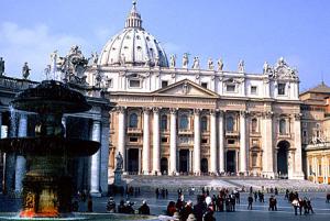 Facade of St Peters Basilica (1614) in the Holy Sea. - Click to read about this site.
