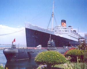 The Queen Mary, permanently docked in Long Beach, alongside a former Soviet submarine.