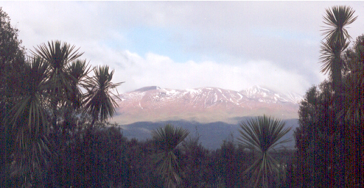 Snow-capped peaks south of Lake Taupo.