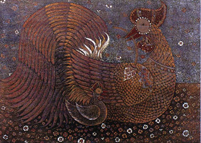 Woodcut Print of Mother and Child Chickens