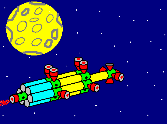 Tegning af i et kredsl�bsamlet lastrumskib p� rumrejse forbi m�nen imod ukendt m�l.