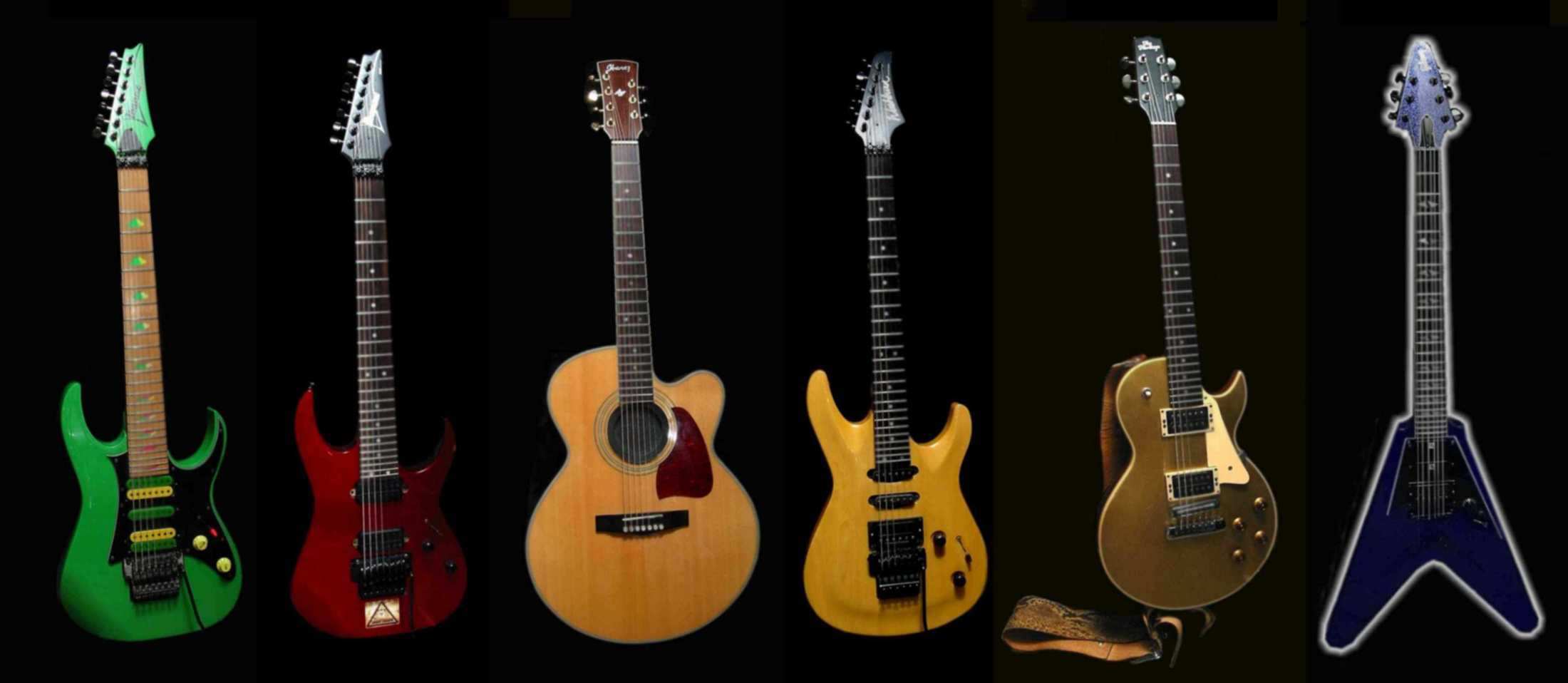 (from L to R)  The Three Ibanez 7-strings as listed above, Washburn 6-string, Heritage Gold Top and Gibson Flying V