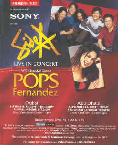 Side A & Pop Fernandez Live - Cancelled due to Sep. 11 US bombing and moved the show to November