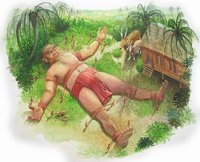 A Giant with 3 friends of animals. The smallest mouse-deer were busy tying the Giant in a fairy tale where the Giant was the bad guy too greedy at last being punished by the mouse-deer.