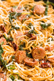 Speghetti with sun dried tomatoes.