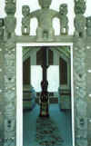 The doorway of a meeting house, with the Tiki inside