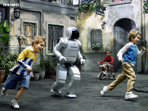 picture of ASIMO and kids running around together