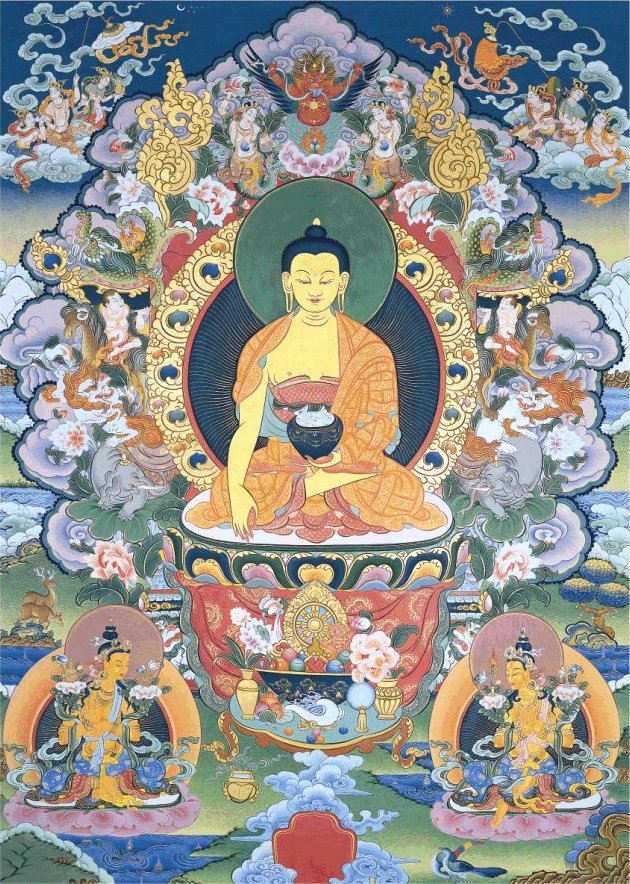 center - Shakyamuni (Gotama) Buddha, below left - Maitraya and below right - Manjushri. This picture was kindly donated by Nick Dudka.