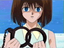 Hypnotized Tea holding the rings that will be attacked to Joey and Yugi...Eep!