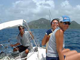 Bob, Joanne, and Joy sailing to Green Island