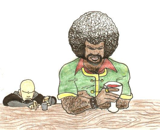 Chisaibu and Shaft drowning their sorrows in a tavern.