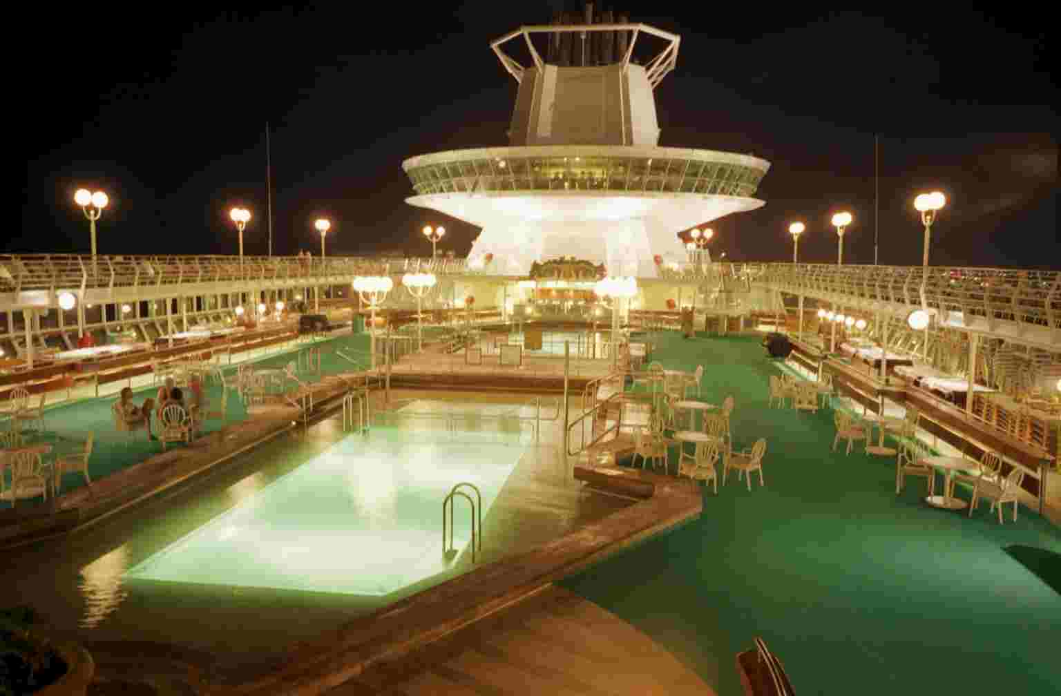 Time exposure of 4-6 seconds. Cruise ship deck and pool at night