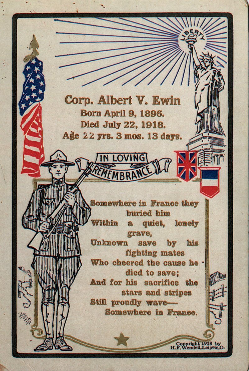 Funeral card for Albert V. Ewin