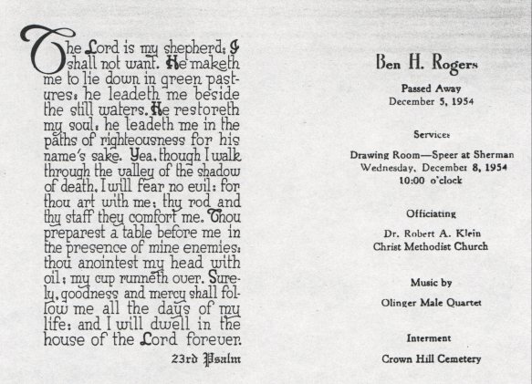 Inside of funeral card for Benjamin H. Rogers